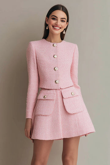 Pink 2-Piece Single Breasted Work Dress With Long Sleeves